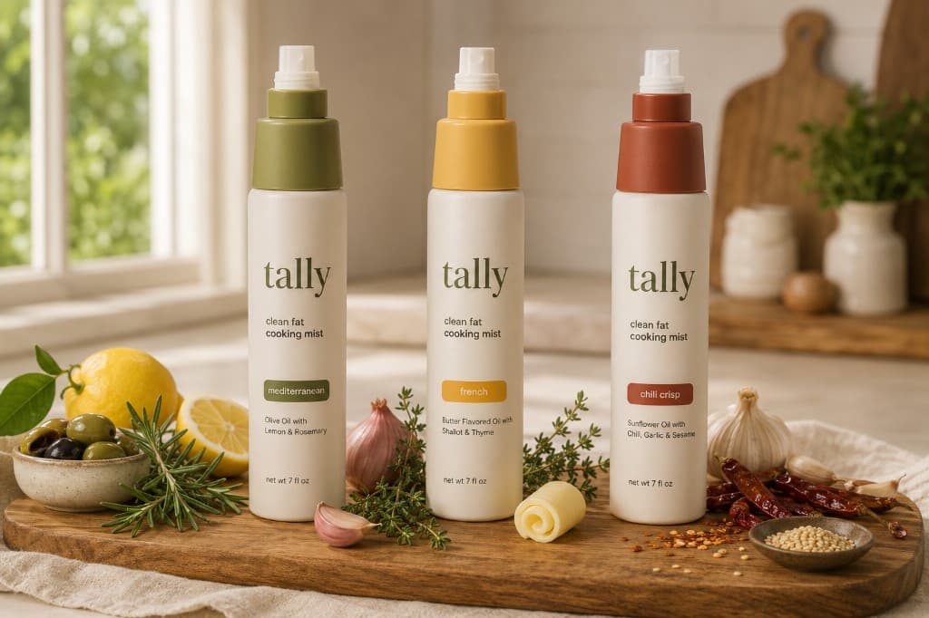 tally concept bottles in three savory flavors on a kitchen counter