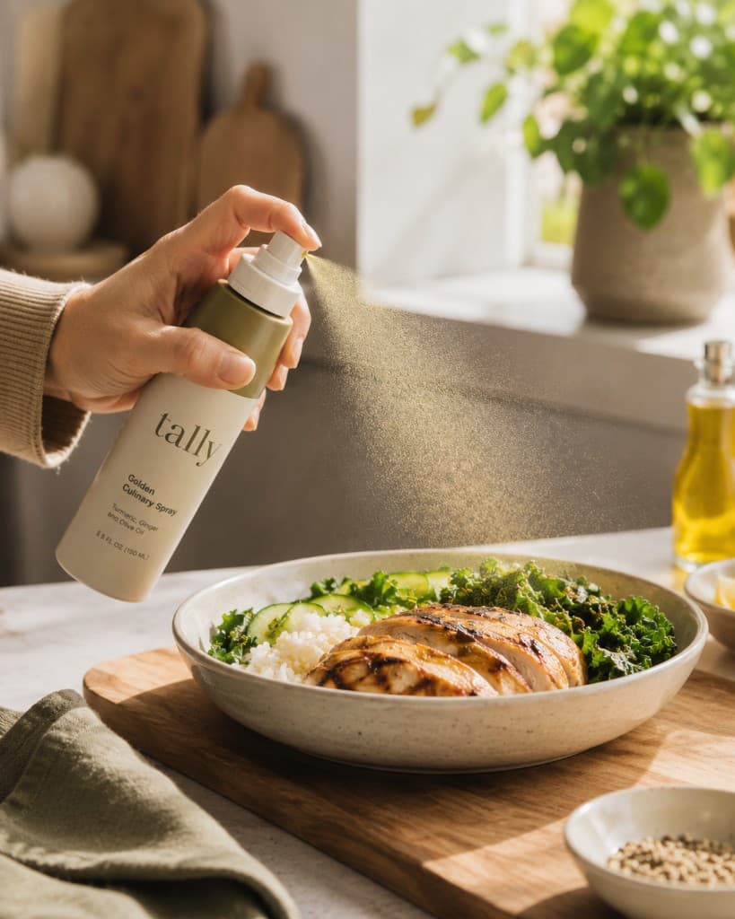 A person adding a tally savory topper to a chicken, rice, and greens bowl